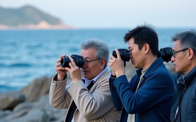 전문가가 해안가에서 시니어에게 카메라 사용법을 가르치는 모습