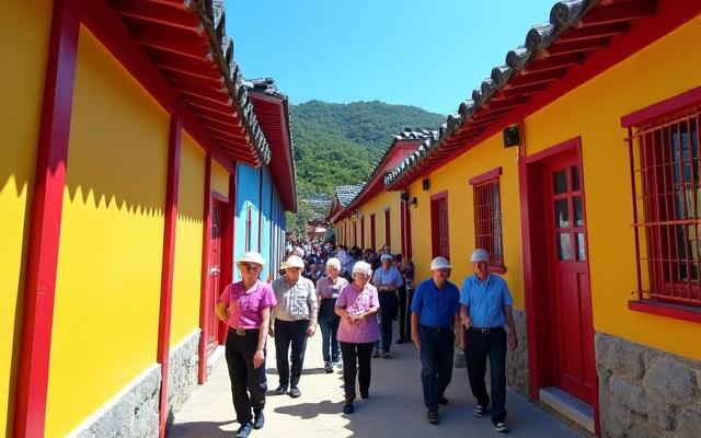 활기찬 색을 입은 감천문화마을 언덕을 걷는 시니어 그룹 투어 가이드