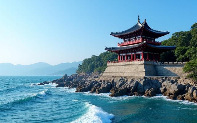 동해 바다 앞에 위치한 해동용궁사의 아름다운 전경