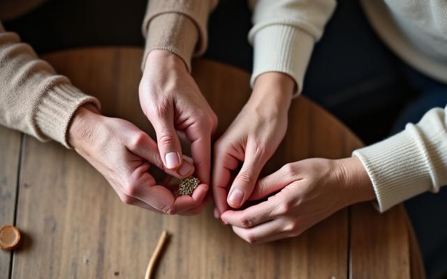 노부부가 다정하게 앉아 한국 전통 공예품을 만드는 모습