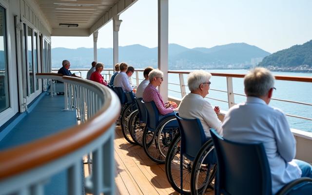 휠체어 접근이 용이한 넓은 갑판에서 부산항을 바라보는 시니어 관광객
