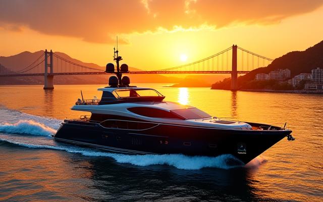 광안대교를 배경으로 일몰 시 항해하는 우아한 럭셔리 요트