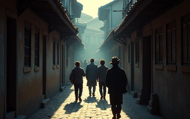 부산의 오래된 동네 골목길에서 가이드와 함께 천천히 산책하는 모습