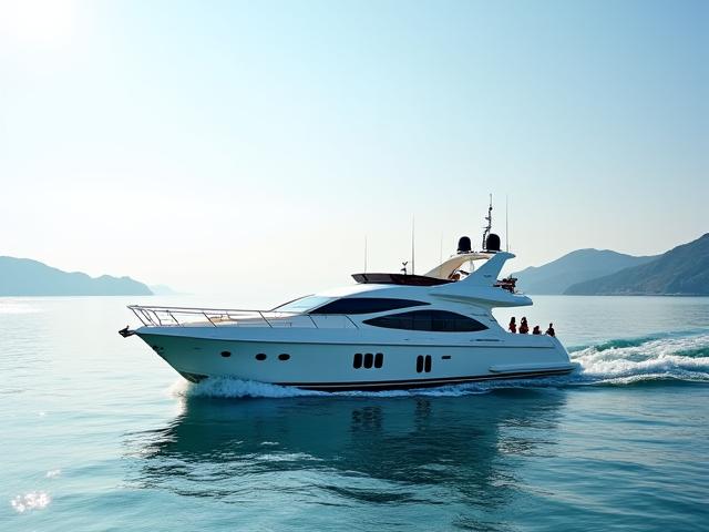 럭셔리 요트가 부산 해운대 근처 바다를 우아하게 항해하는 모습