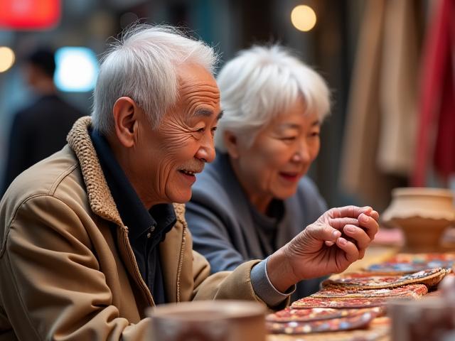 부산의 전통적인 시장에서 두 시니어 커플이 미소 지으며 수공예품을 보는 모습